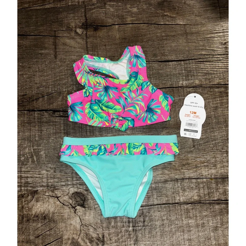 Wonder Nation Baby Girls Tropical Palm Bikini Set Pink‎ Teal 12M UPF 50+ NWT